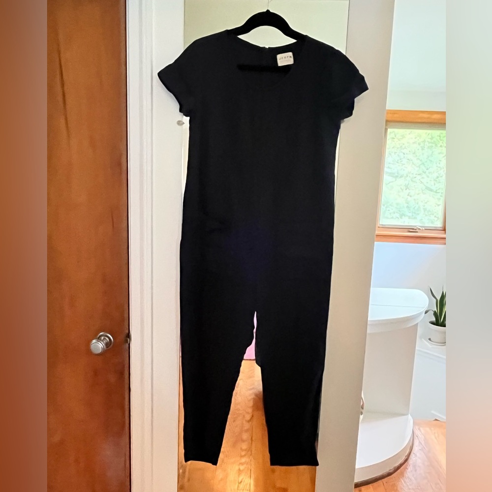 Adorable OFFON (Etsy) Lithuanian linen playsuit jumpsuit deep navy pockets zip S